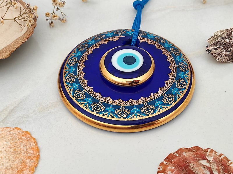 Erbulus 4.3" Glass Blue Evil Eye Wall Hanging Gold and Turquoise Floral Design Ornament â€“ Turkish Nazar Bead - Home Protection Charm - Wall Art Amulet in a Box - Image 5
